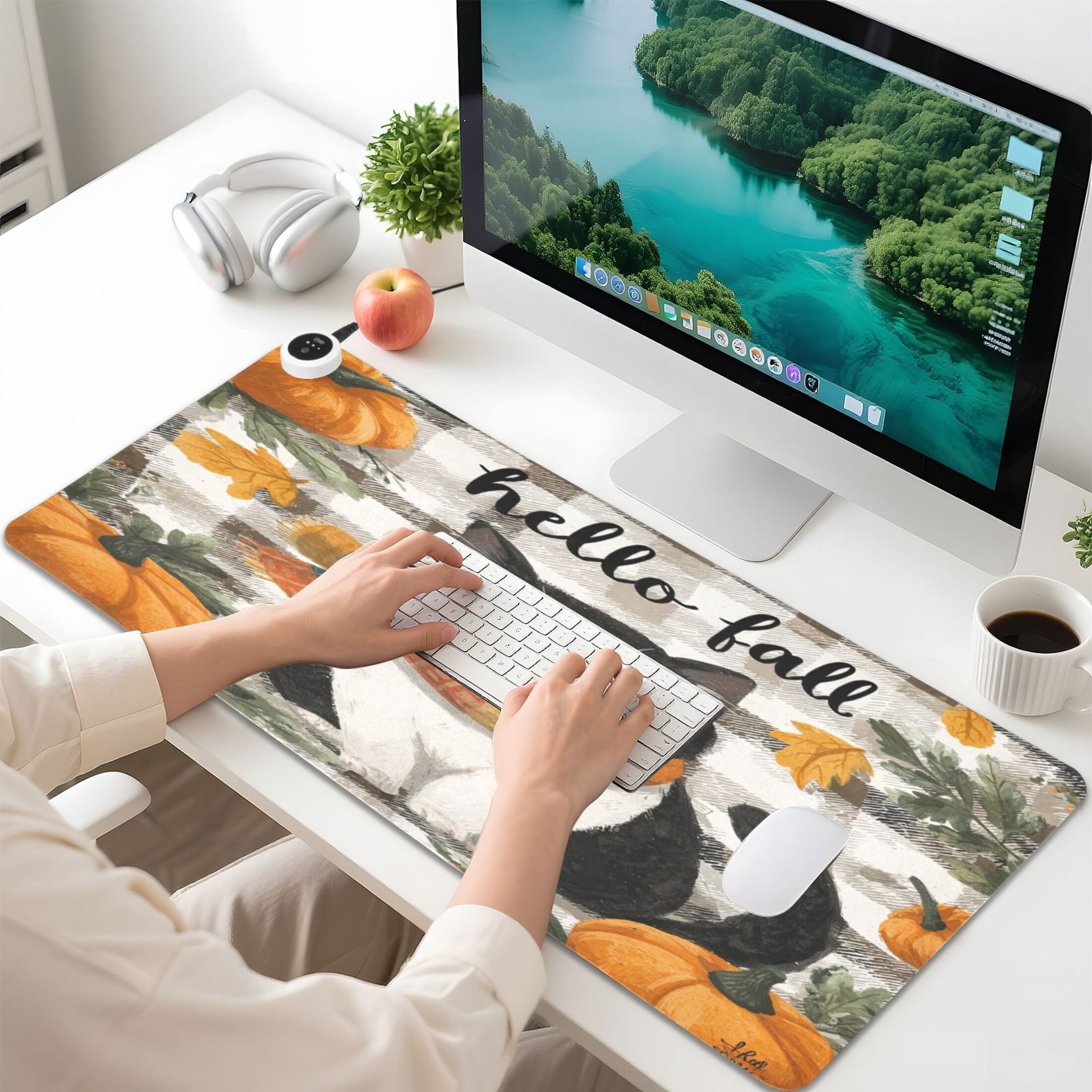 Large Heated Desk Mat Mouse Pad 31.5"x13"PU Leather Graphene Heating Desk Warmer with 3 Temperature Settings 110V US Plug Non-Slip Warm Pad for Home, Office, and Gaming Falling Leaves and Cute Cat
