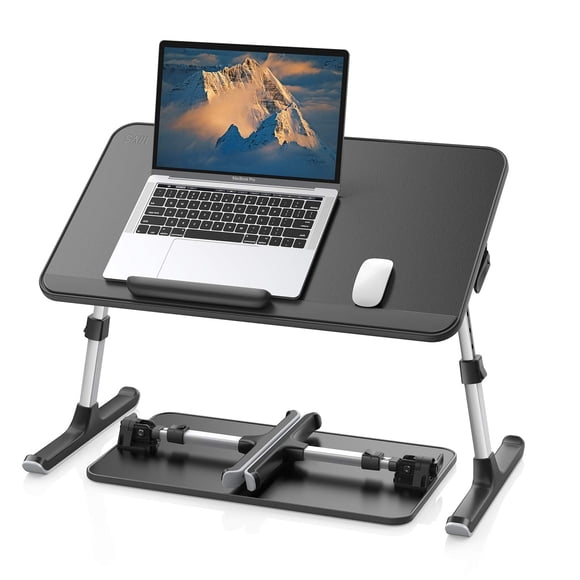 SAIJI Leather Laptop Bed Tray Table, Adjustable Laptop Stand with Removable Stopper, Portable Lap Desks with Foldable Legs, Notebook Stand Breakfast
