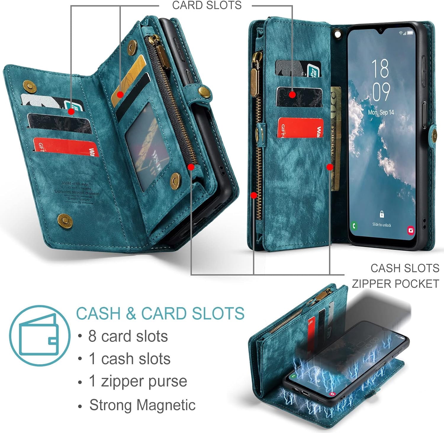 Phone Case for Samsung Galaxy A14 5G Zipper Wallet Detachable Cover with Tempered Glass Screen Protector and Leather Flip Credit Cash Card Holder Cell Accessories A 14 4G 14A G5 Women Men Blue