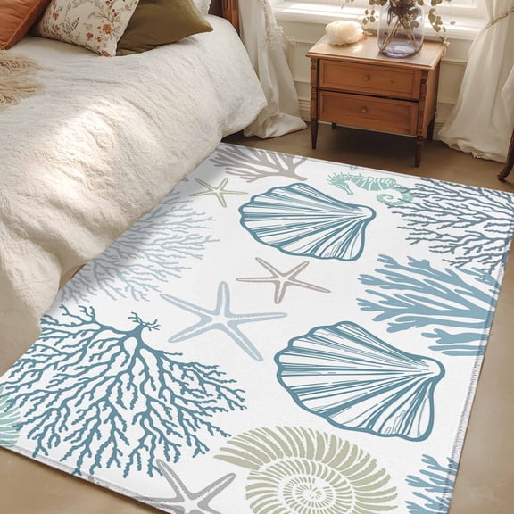 Light Blue Teal Coastal 2.7x5 Area Rugs, Summer Beach Coral Shell Ocean Non-Skid Rubber Backing Large Rectangle Rugs - Living Room Bedroom Home Office, Indoor Floor Mat Carpets Washable Rug
