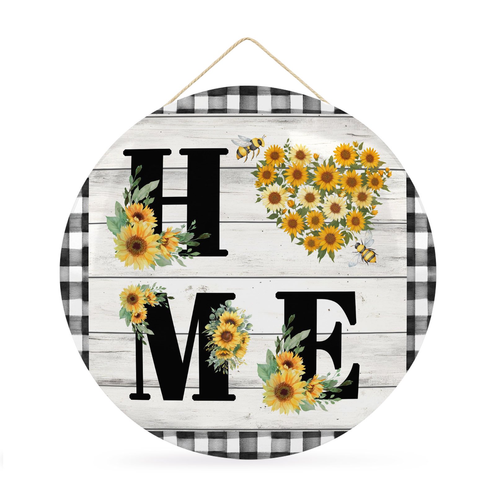 Welcome Sign Front Door Decorations Spring Sunflowers Round Wall Art Outdoor Metal Wreaths Farmhouse Botanical Wooden Grain Plaid Seasonal Hanging Sign for Home Porch Decor Warming Gift 12 In