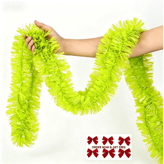 6.6FT Lime Green Tinsel Garland, Free 6 Red Bows Included, Shiny Foil Streamer for Christmas Wedding Party Indoor Outdoor Decor