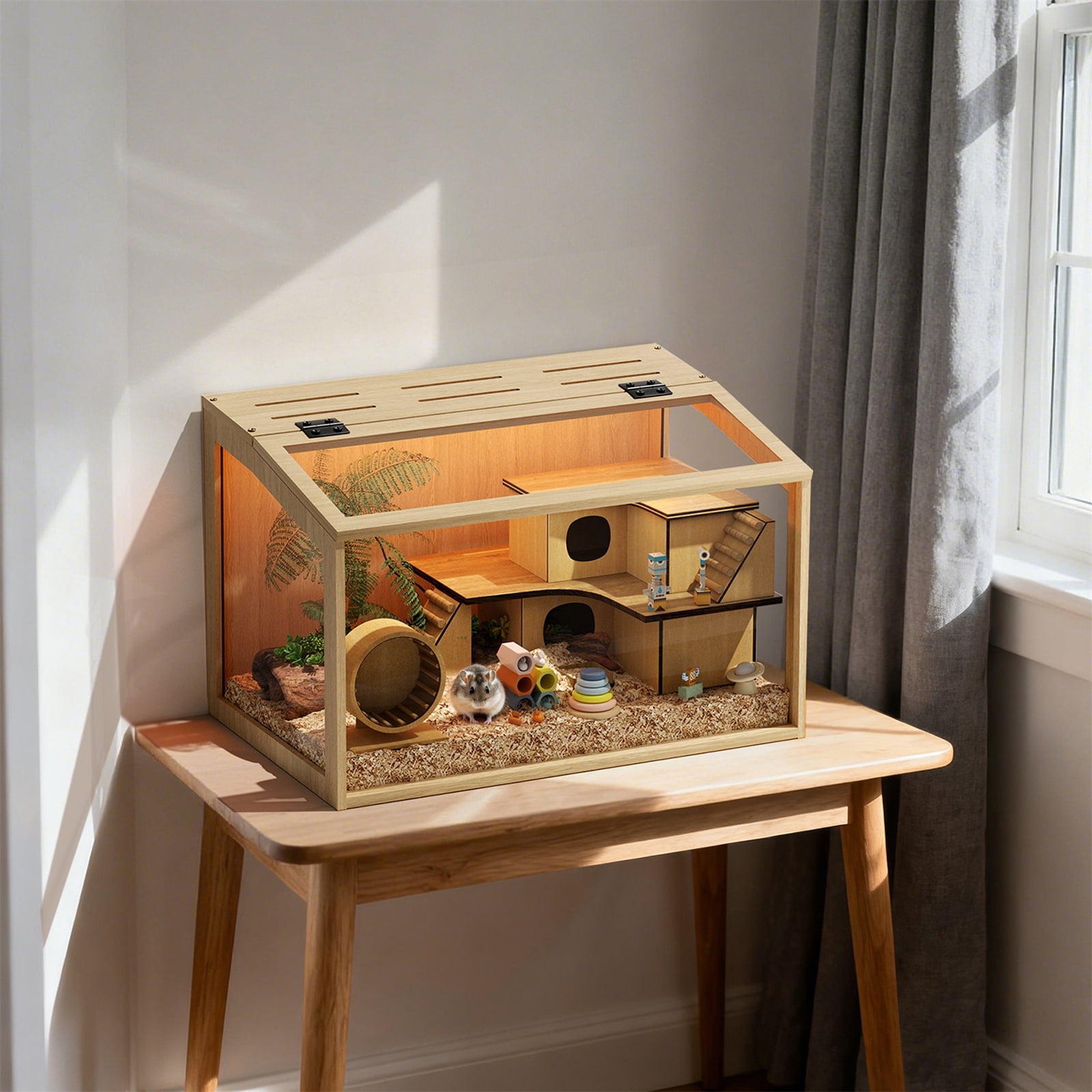 Bingopaw Chew-proof Wooden Hamster Cage Clear Glass Panel Tabletop Habitat with LED Light for Small Pets