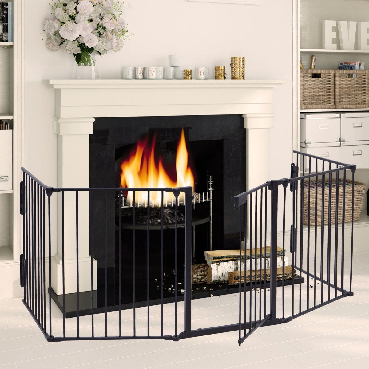 Pet Isolation Fence with Walk-Through Door BBQ Metal Fire Gate Costzon Fireplace Gate 6-Panel Foldable Pet Gates for Easy with Add/Decrease Panels 6-Panel, Black Freestanding Dog Gates