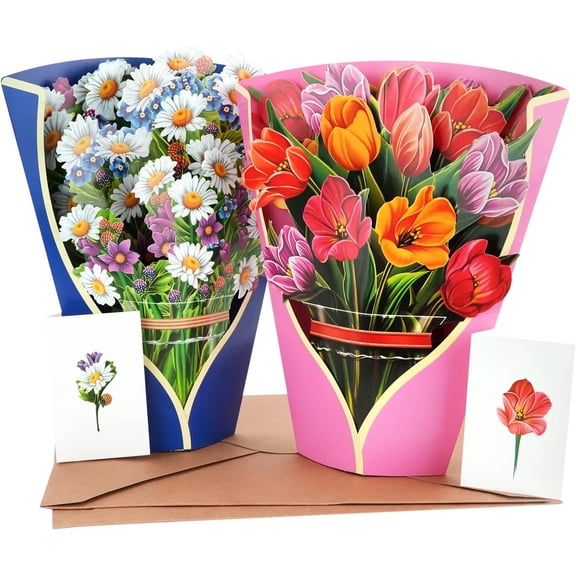 TIE-DailyNec 2 Pcs 3D Paper Flower Bouquet Pop Up Cards, Greeting Card for Mother's Day Graduation Anniversary Birthday Christmas Teachers' Day