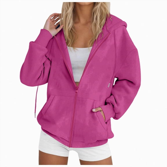 KPOPLK Womens Zip Up Hoodies Oversized Long Sleeve Sweatshirts Fall Fashion Jackets Fall Winter Clothes with Pockets(XXL,Hot Pink)