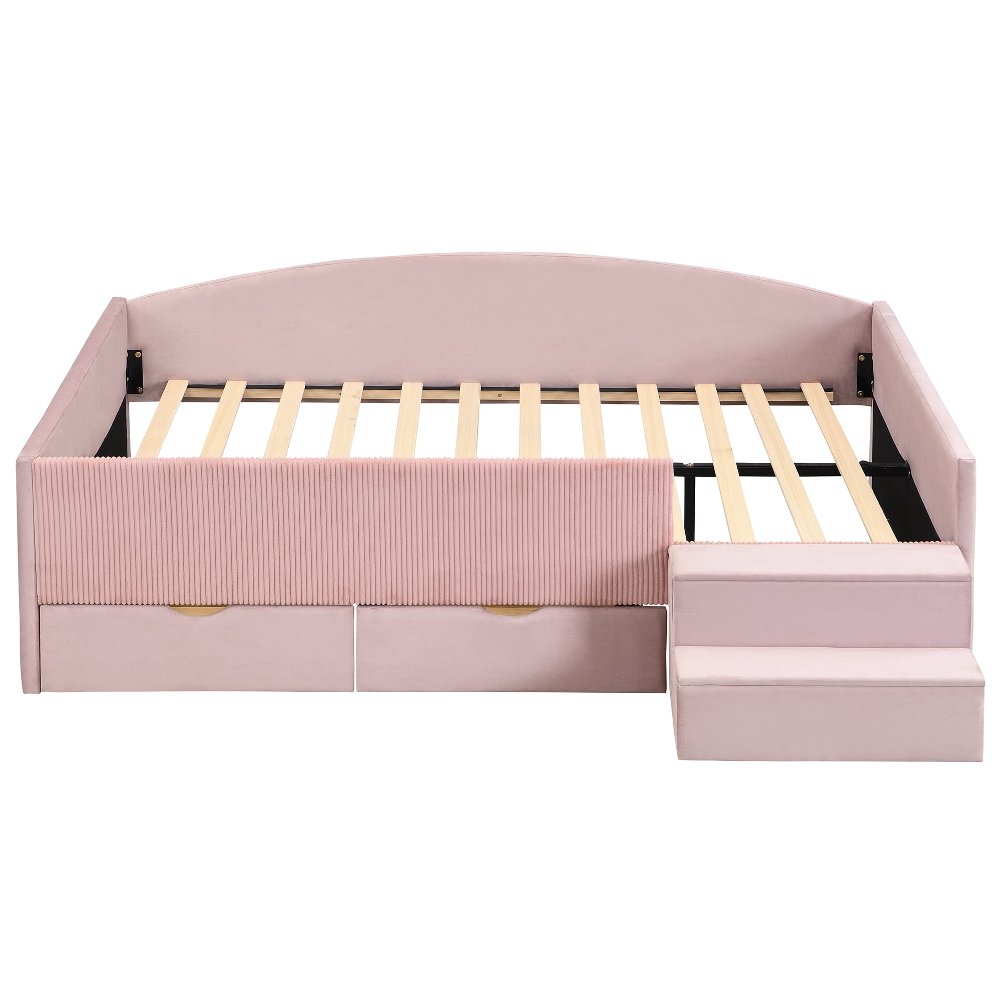 Mintazer Full Size Cute Upholstered Floor Daybed Frame with Safety Guardrail & 2 Storage Drawers & Stairs for Teens Kids, Pink