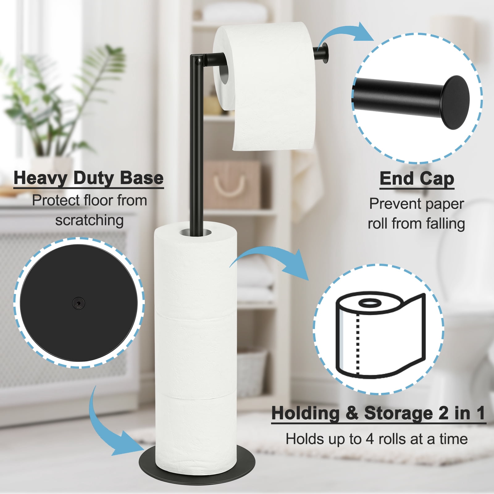 Freestanding Metal Toilet Paper Holder Stand, Black