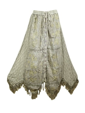 Mogul Summer Fashion Trendy Green Boho Chic Vintage Embroidered Rayon Handkerchief Long Skirts XL
