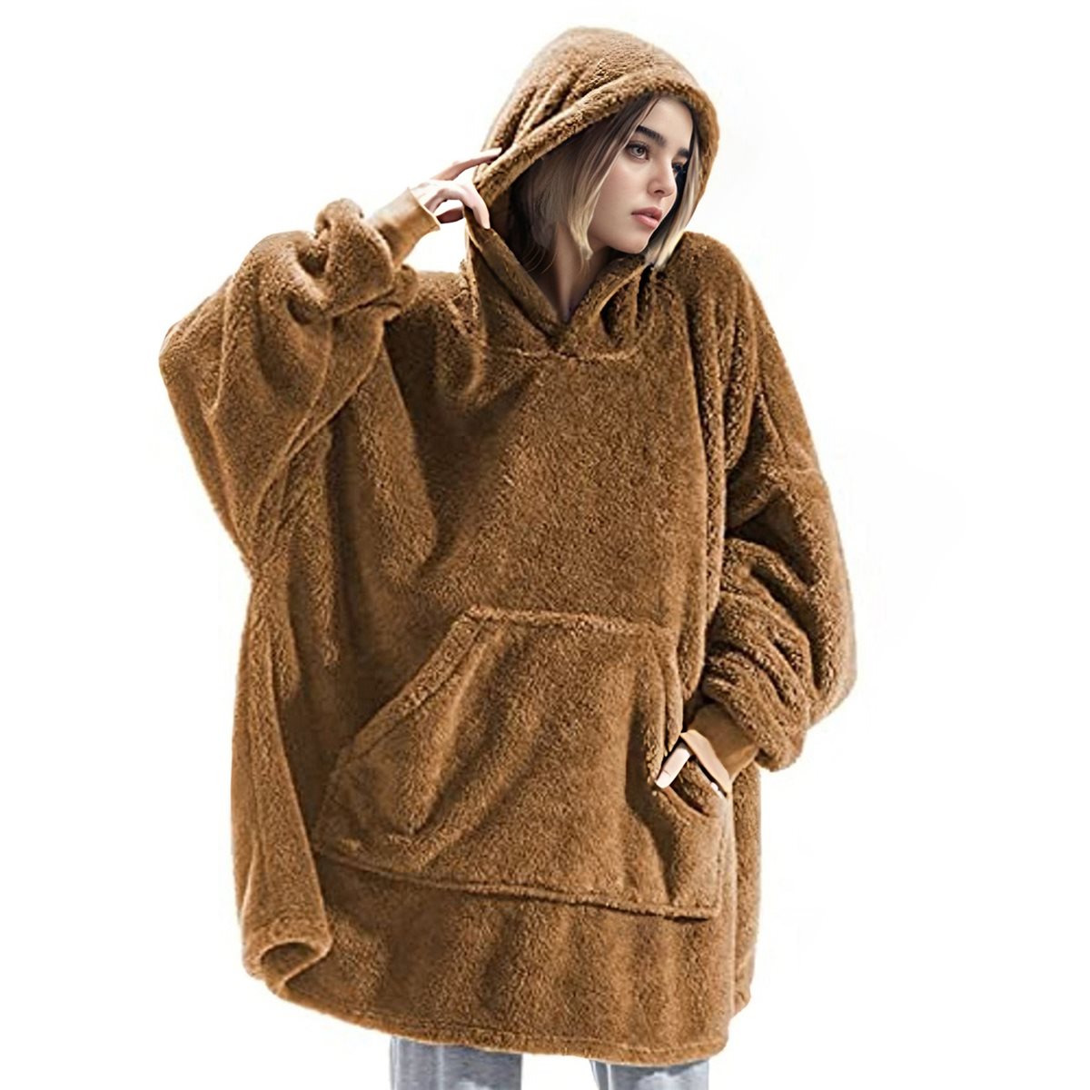 Oversized Blanket Hoodie Sweatshirt, Wearable Lounging Pullover for Adults Women Men Dark Brown One size