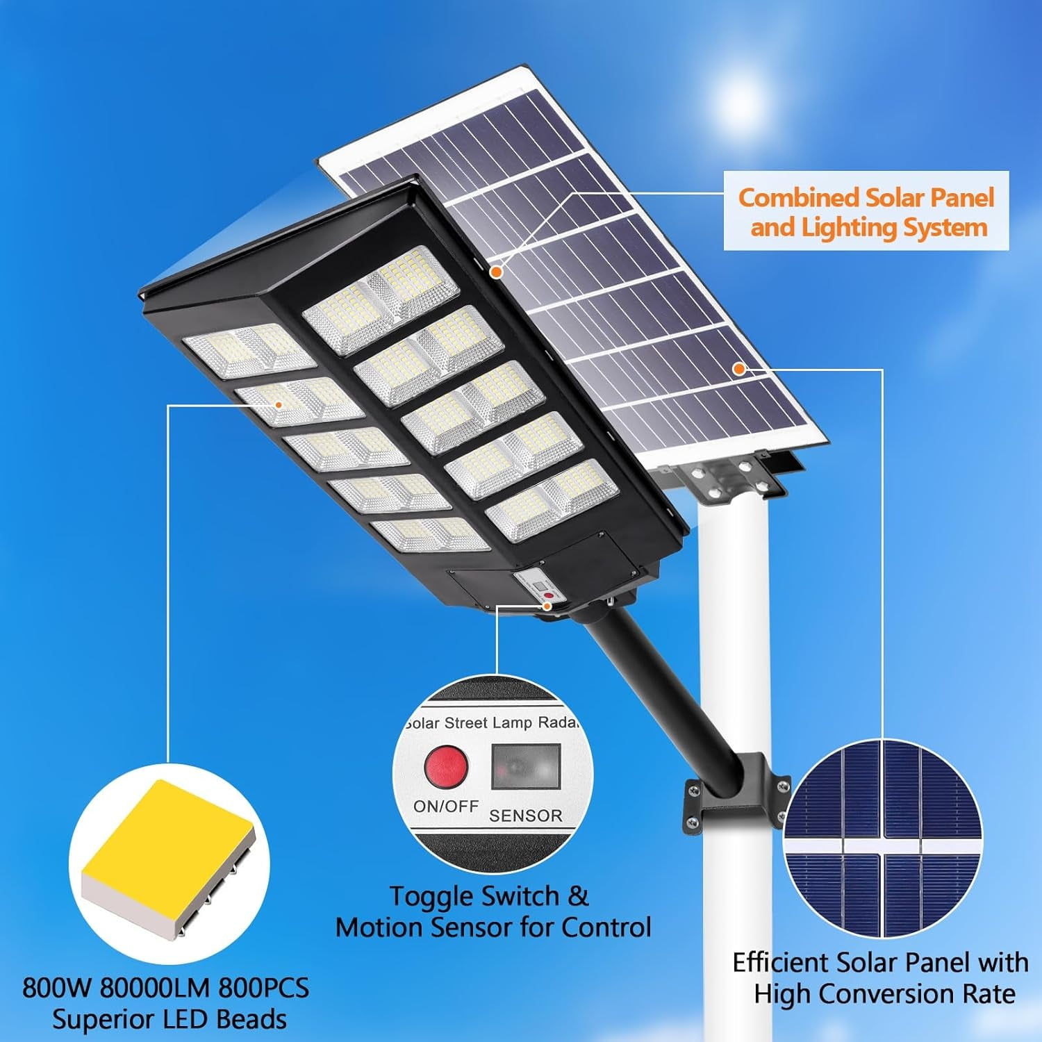 HOODINK Solar Street Lights Outdoor,  Motion Sensor Security Flood Light IP44 Waterproof, 800 LED Solar Flood Light, Remote Control, Dusk to Dawn for Garden,Yard, Driveway, Garage