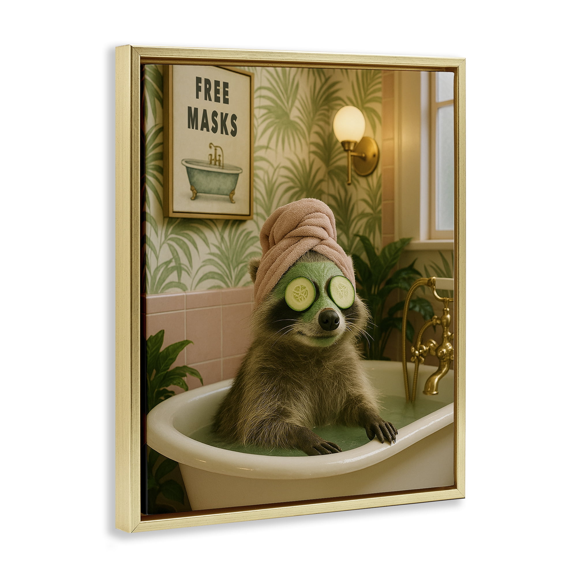 Stupell Industries Raccoon Spa Day Bath Gold Framed Floater Canvas Wall Art, design by Grotto Studios