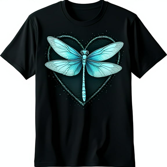 Dragonfly Heart Design T-Shirt Black Background Whimsical Art