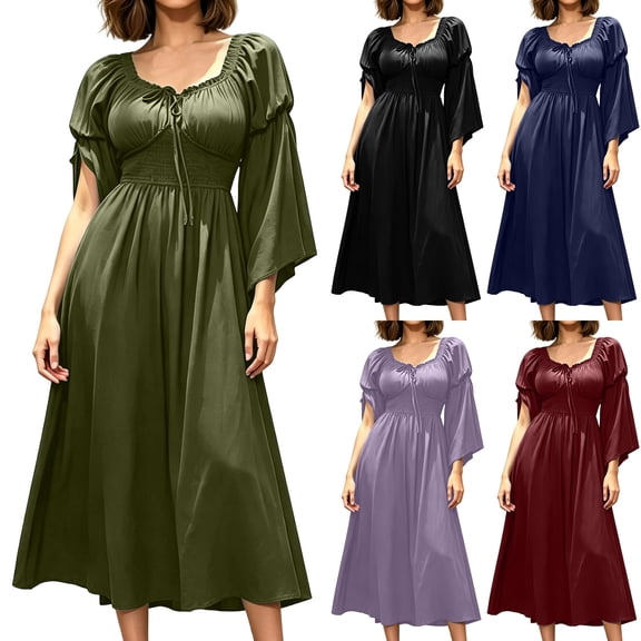 Womens Renaissance Dress Medieval Costume Off Shoulder Puff Bell Sleeve Smocked Waist Peasant Gown for Ren Faire Halloween Cosplay, Army Green, L
