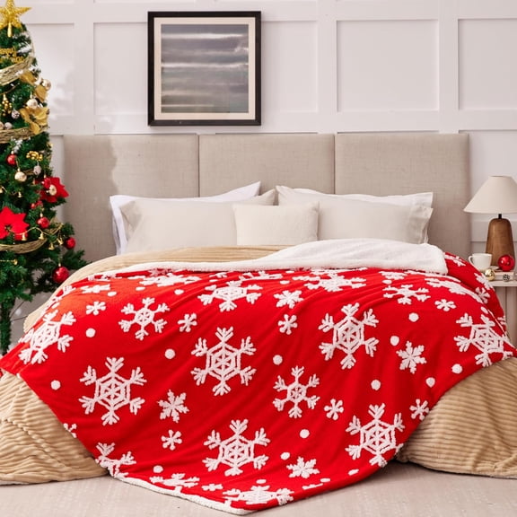 Red Sherpa Blanket - Snowflakes Blanket for Couch, Warm Winter Cabin Throw, Premium Microfiber & Soft Touch, Plush & Fluffy, Warm & Cozy, Sofa, Bed, 50"x60"