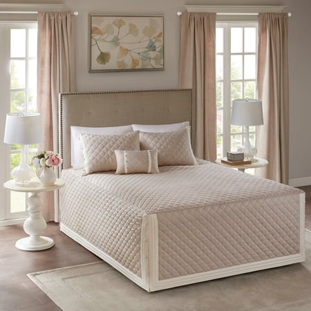 Izzovium 4-Piece Cotton Reversible Bedspread Set Queen Khaki, with Quilted Shams and Decorative Pillow