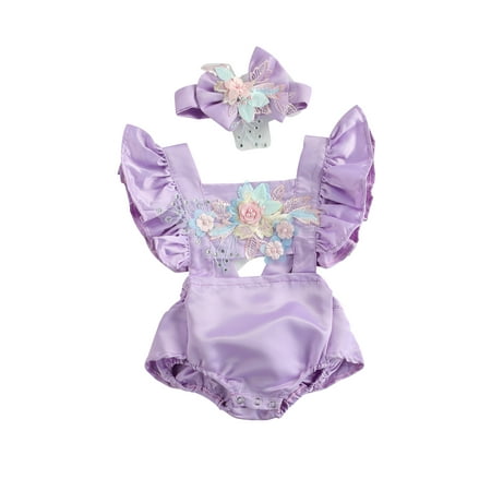 

TheFound 2Pcs Newborn Infant Baby Girls Romper Backless Ruffle Sleeve Jumpsuit Bodysuit Embroidery Headband Outfits