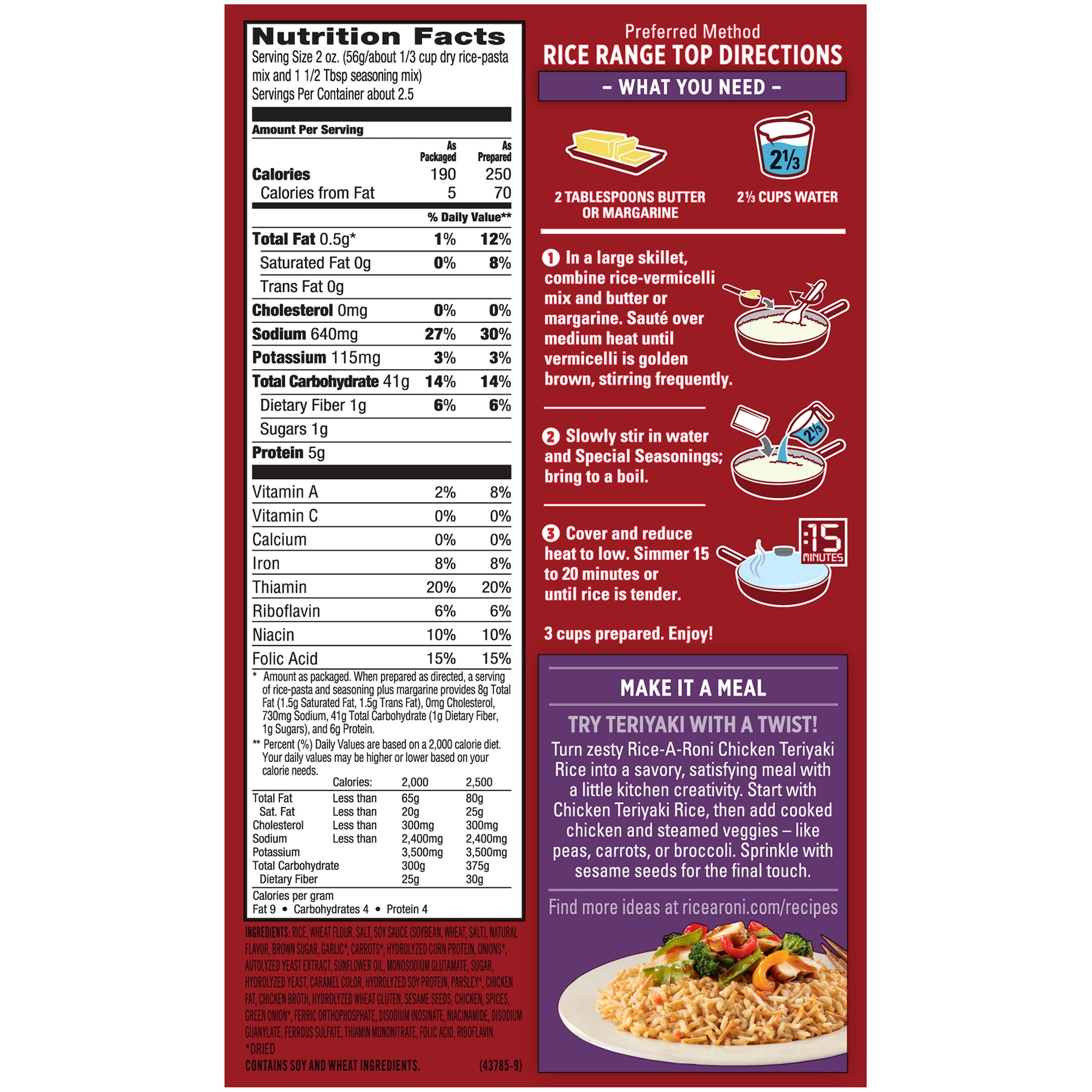 Rice-A-Roni Rice & Vermicelli Mix, Chicken Teriyaki, 6.2 oz Box