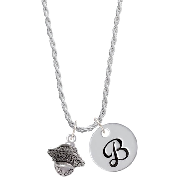 Delight Jewelry Silvertone Large Fancy Square with Rope Border Spinner Silvertone Script Initial Disc - B - Charm Necklace, 20"+3"