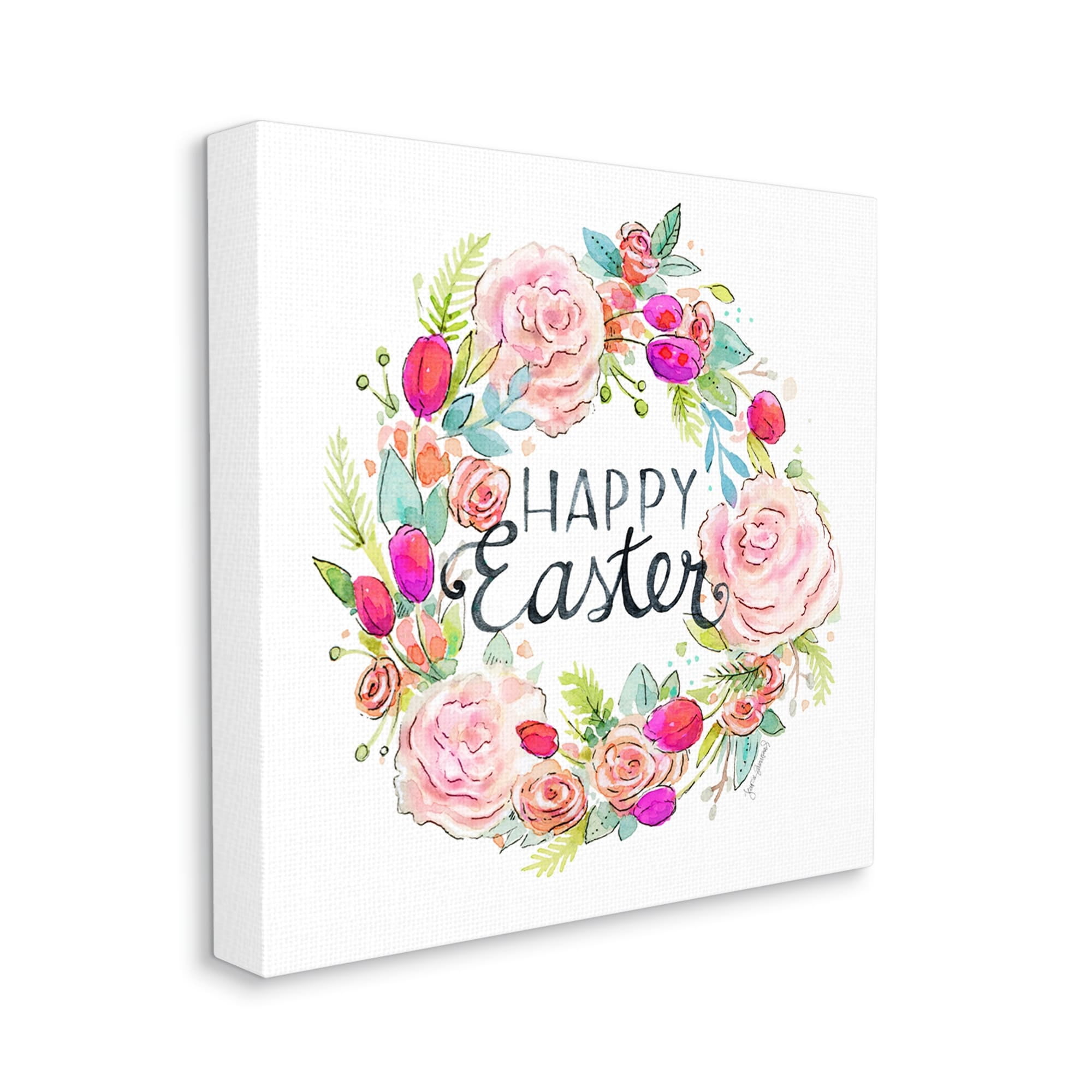 Happy Easter Vivid Pink Floral Blossom Border Botanical & Floral Graphic Art Gallery-Wrapped Canvas Print Wall Art
