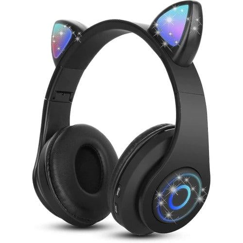 ZHAOCHENG Auriculares Bluetooth supraaurales negros para niñas, auriculares con orejas de gato, luz RGB, auriculares estéreo inalámbricos plegables para niños, auriculares con micrófono telescópico