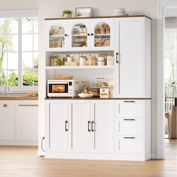 Hiphuta 75" Tall Kitchen Pantry Storage Cabinet, Freestanding Kitchen Hutch with 7 Doors and 3 Drawers for Dining and Living Room, White