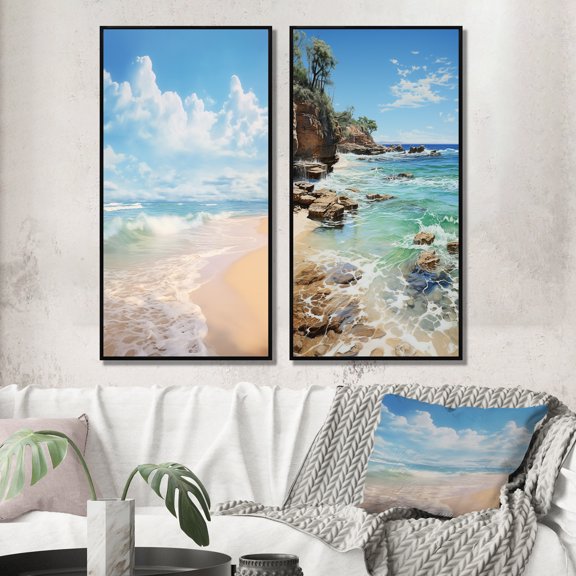 Designart "Ocean Escape Beach Photo IV" Coastal Beach Framed Wall Art Set Of 2 - Blue Beach Framed Canvas Set For Living Room Decor