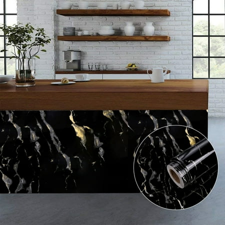 2 Black Striped Wallpaper Rolls - Home Cal Peel and Stick Wallpaper - Roll Waterproof Self-Adhesive Marbling Contact Paper Removable Shelf Paper PVC Wall Paper Covering – 1.97ⅹ16.4ft - Black(Plastic Scraper Included)