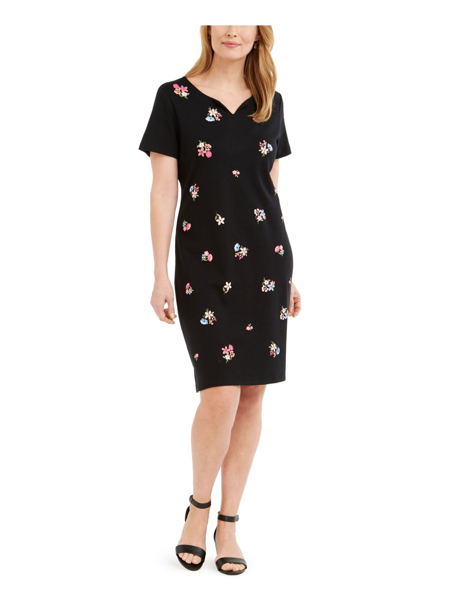 Karen Scott KAREN SCOTT Womens Black Embroidered Floral Short Sleeve