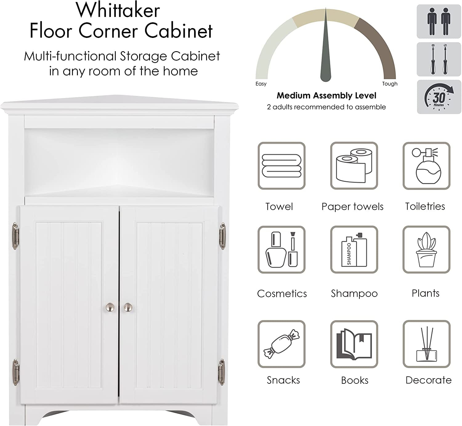 UTEX Corner Storage Cabinet, Bathroom Floor Corner Cabinet with Doors and Shelves,Free Standing Storage Cabinet for Bathroom, Kitchen, Living Room, White
