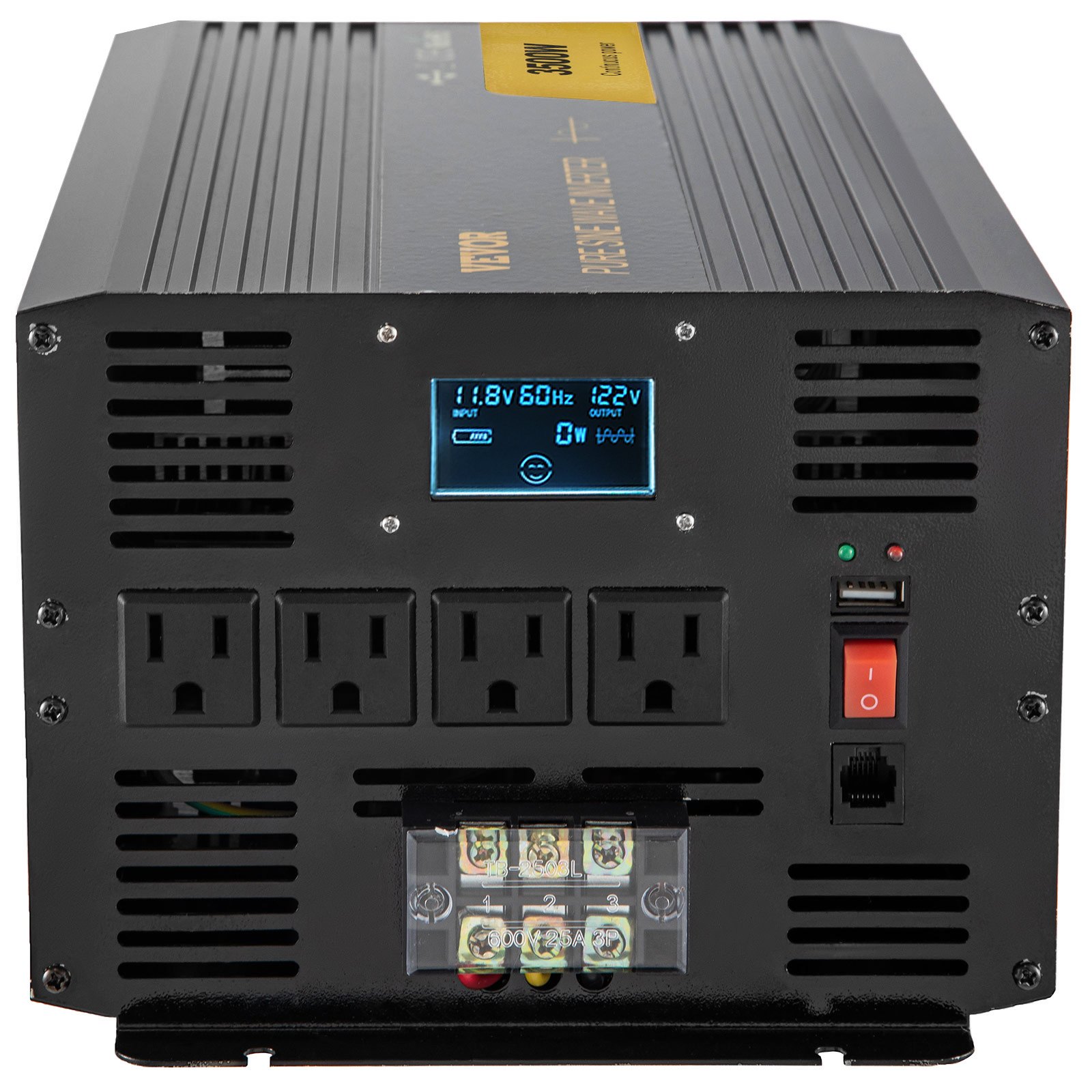VEVOR 3500W Pure Sine Wave Inverter, 12V DC to 120V AC Power Converter, USB, LCD, Remote Control, GFCI Outlets for RV, Truck, Solar, and Camping