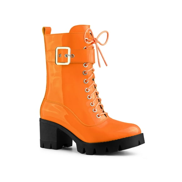 BLISSFUL STEP Women's Chunky Heel Zip Platform Block Combat Boots Orange 6