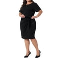 thumbnail image 4 of Agnes Orinda Women's Plus Size Pencil Dress Belted Tie Vintage Crew Neck Short Sleeve Office Work Midi Bodycon Dresses with Zipper 1X Black, 4 of 6