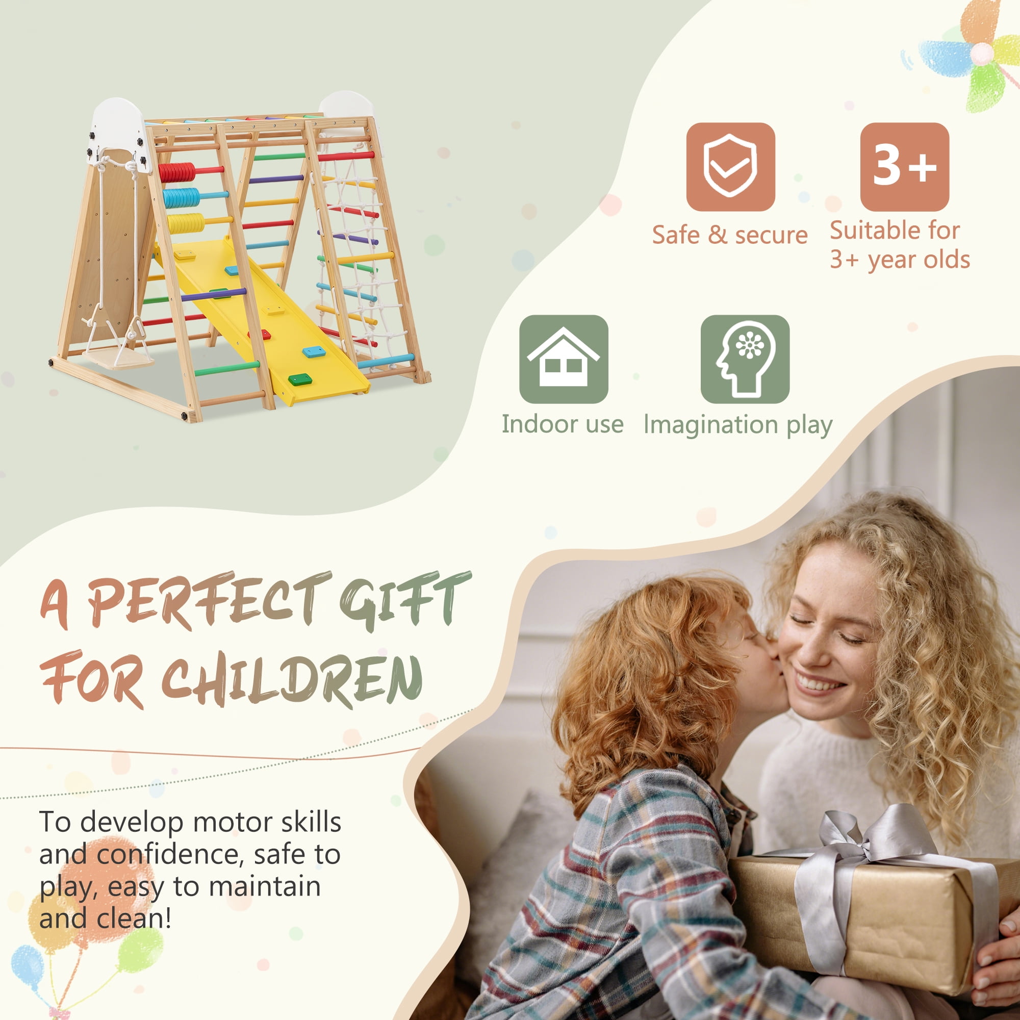 9 in 1 Foldable Kids Climbing Frame & Slide, Wooden Toddler Playground with Swing, Monkey Bars, Climbing Rock, Abacus Game, Indoor Outdoor Playset for Ages 3+, Natural Wood, 176LBS Capacity