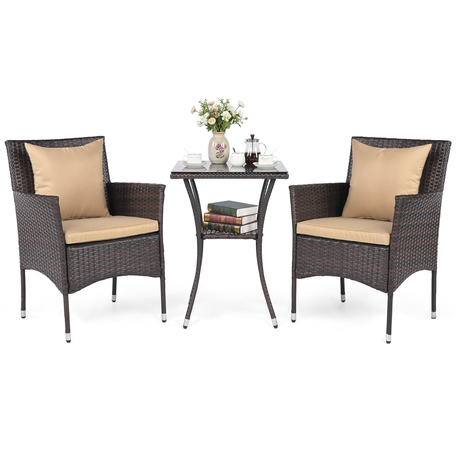 Costway 3PCS Patio Wicker Bistro Set, 2 Rattan Chairs with Double-Tier Tempered Glass Table Mix Brown+Beige