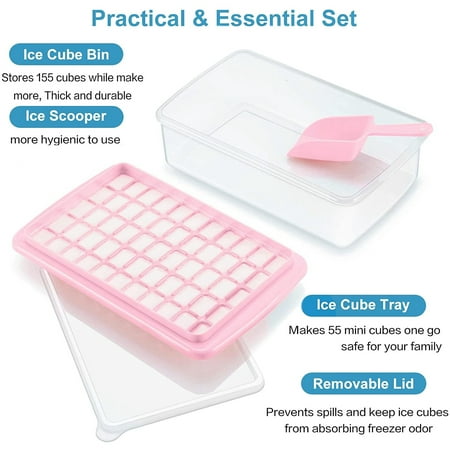 

Ice Cube Tray with Lid and Storage Bin Easy-Release 55 Ice Tray with Spill-Resistant Cover Container Scoop Pink