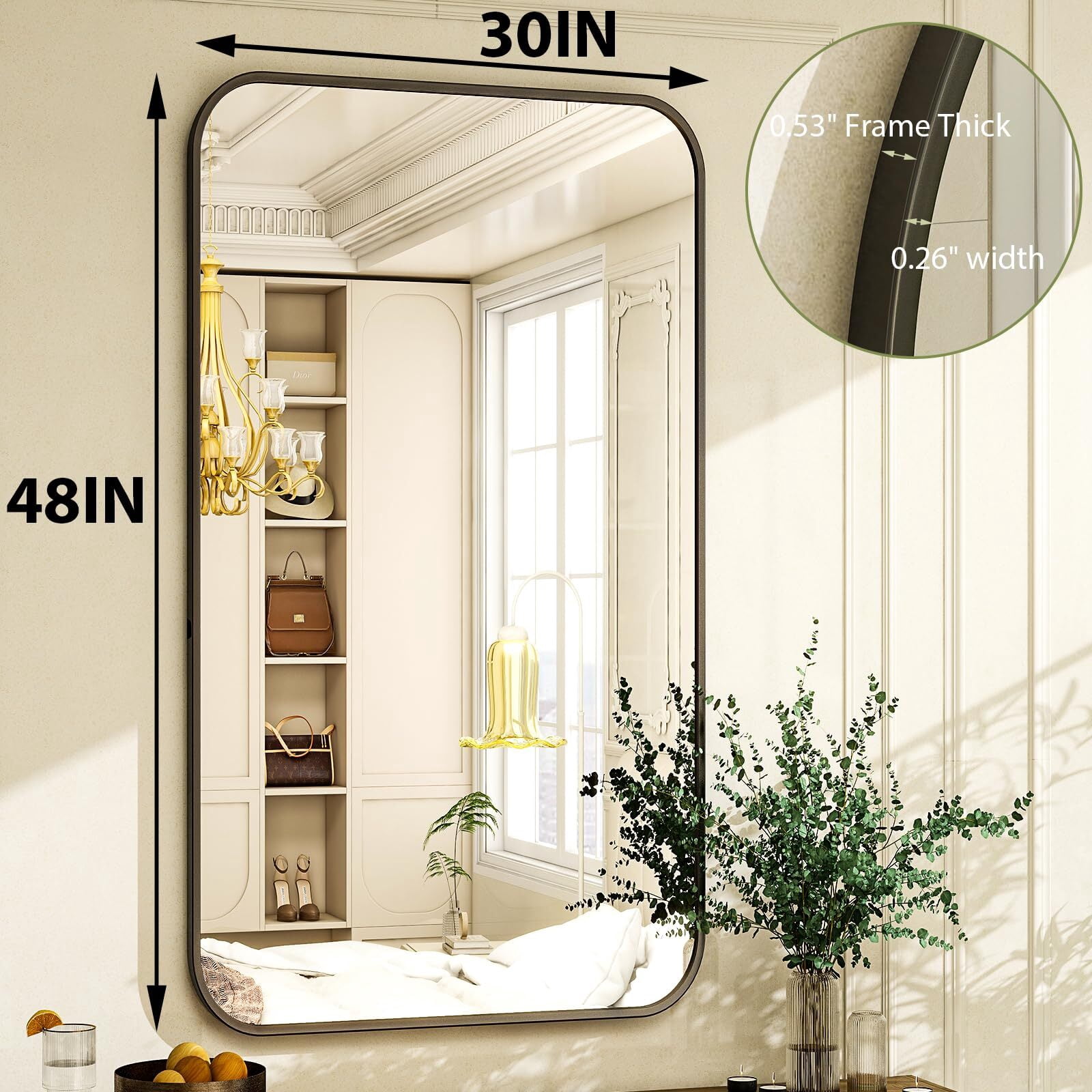 Anyrose Bathroom Mirror for Wall, 30 x 48 Inch Metal Framed Rectangle Mirror, Wall Mounted Vanity Mirror for Bathroom,Black