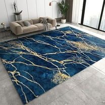 Luxury Royal Blue Rugs for Dinning Room, Blue Gold Marble Cracked Texture Home Decor Carpets, Modern Area Rug 4' x 5' Rugs for Bedroom Living Room Washable Throw Rugs