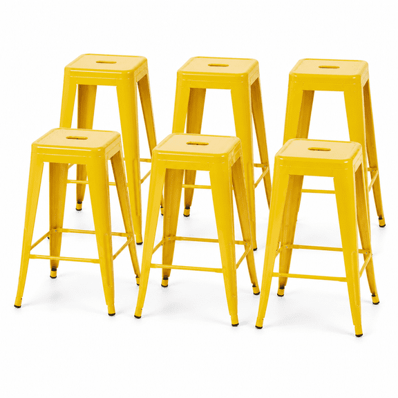 30 Inch Backless Metal Bar Stools, Set of 6, Yellow, Carry Hole and Four-Sided Footrest