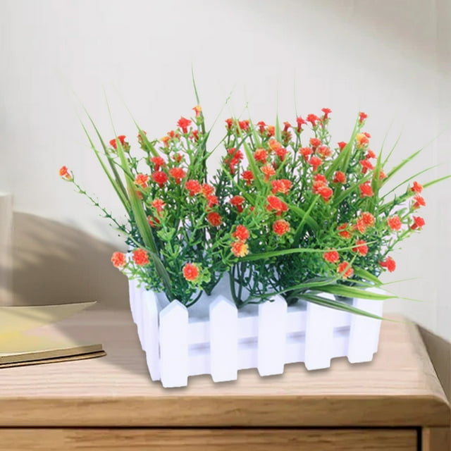 XYAIYT Wooden Fence Simulation Flower Set,Realistic Fake Green Plant Pot for Home and Living Room Decor,Perfect for Adding to Any Space,Low Maintenance and Lifelike Design(Red)