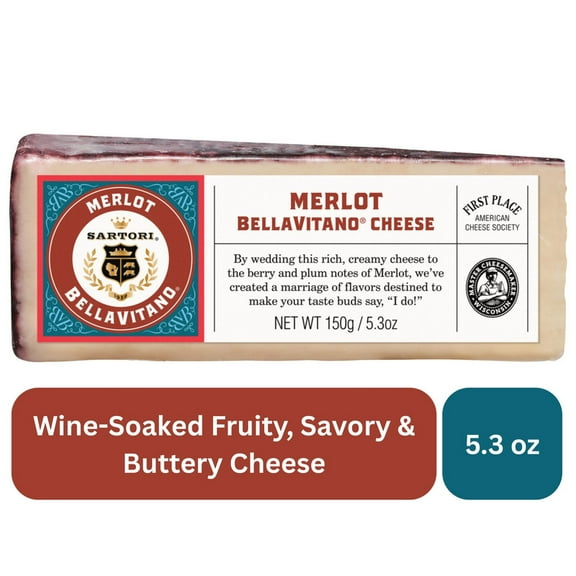 Sartori Merlot BellaVitano Cheese, 5.3 oz Wedge, Specialty Cheese, Aged Cheese, Fruity, Savory, Wine Soaked Cheese, Refrigerated