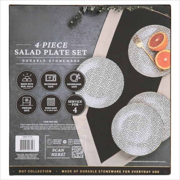 Dinnerware Black & White Dot Stoneware Salad Round Plates, 4 Pack