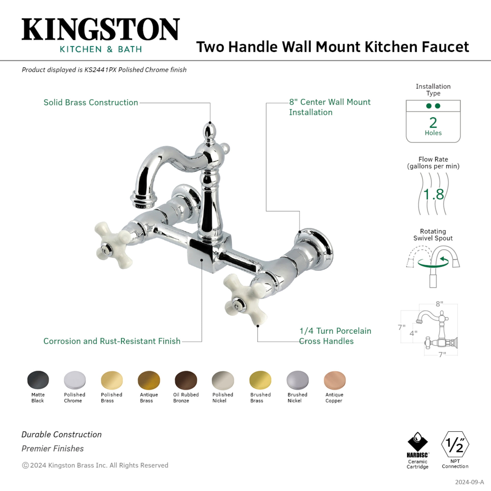 Kingston Brass KS2443PX Heritage Double-Handle Wall-Mount Bridge Kitchen Faucet, Antique Brass