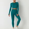 thumbnail image 2 of Jinhomg Long Sleeve Knit Outfits for Women Thumbhole Crew Neck Crop Tops with Tummy Control Leggings Fitted 2 Pieces Sets Green M, 2 of 8