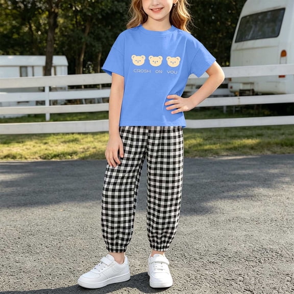 Amidoa Girls Summer Outfit Sets 2 Piece Graphic T-Shirt Short Sleeve Pants Kids Clothing Sets Blue Size 6
