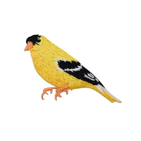Wig Iron - Yellow Finch Bird - Black Wings - Facing Left - Goldfinch - Iron on Embroidered Patch Applique