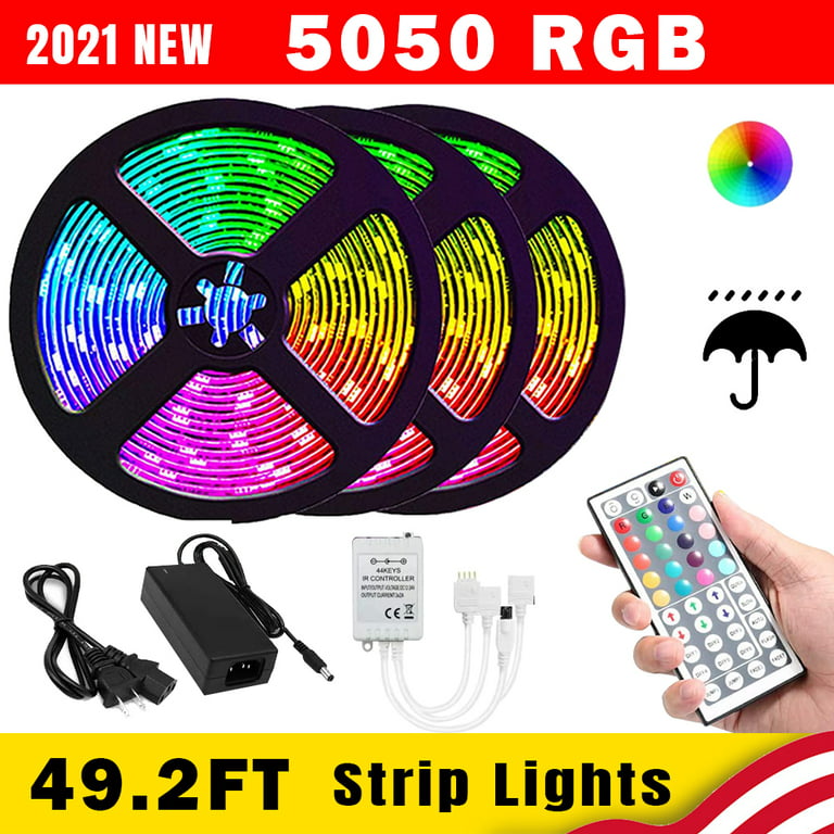 49.2ft LED Strip Lights, Ultra-Long RGB 3528 LED Strips with Remote  Controller and Fixing Clips, Color Changing Tape Light with 12V Adapter for