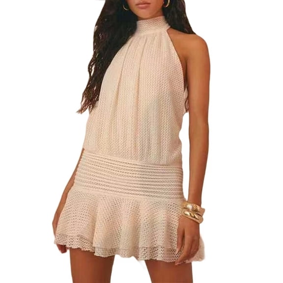 Women Ruffle Halter Neck Mini Dress Mock Neck Open Back Tiered Dress Y2K Mesh Layered Dresses Color S