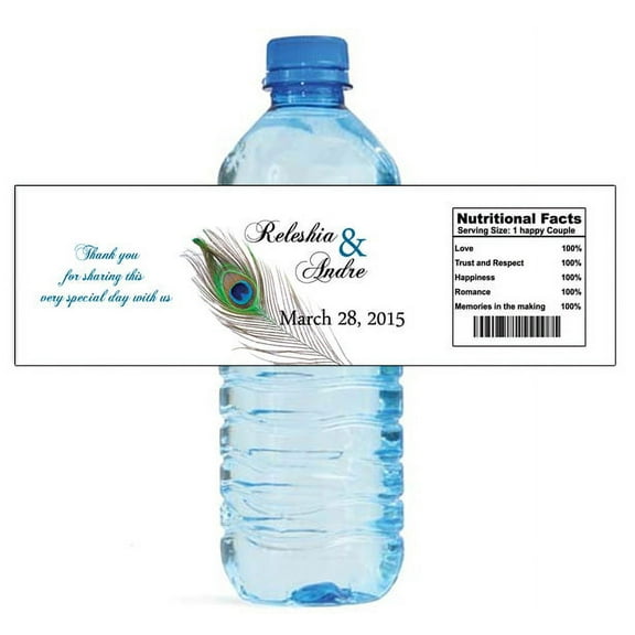 100 New Peacock Wedding Water Bottle Labels Great for Engagement Bridal Shower Party 7"x2"