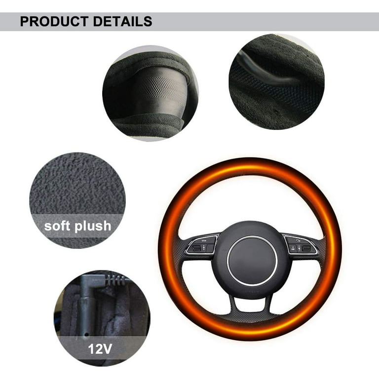 Heated Steering Wheel Cover- 12V Black Warmer Car Steering Heater- 15 inch  Electrical Wheel Cover 